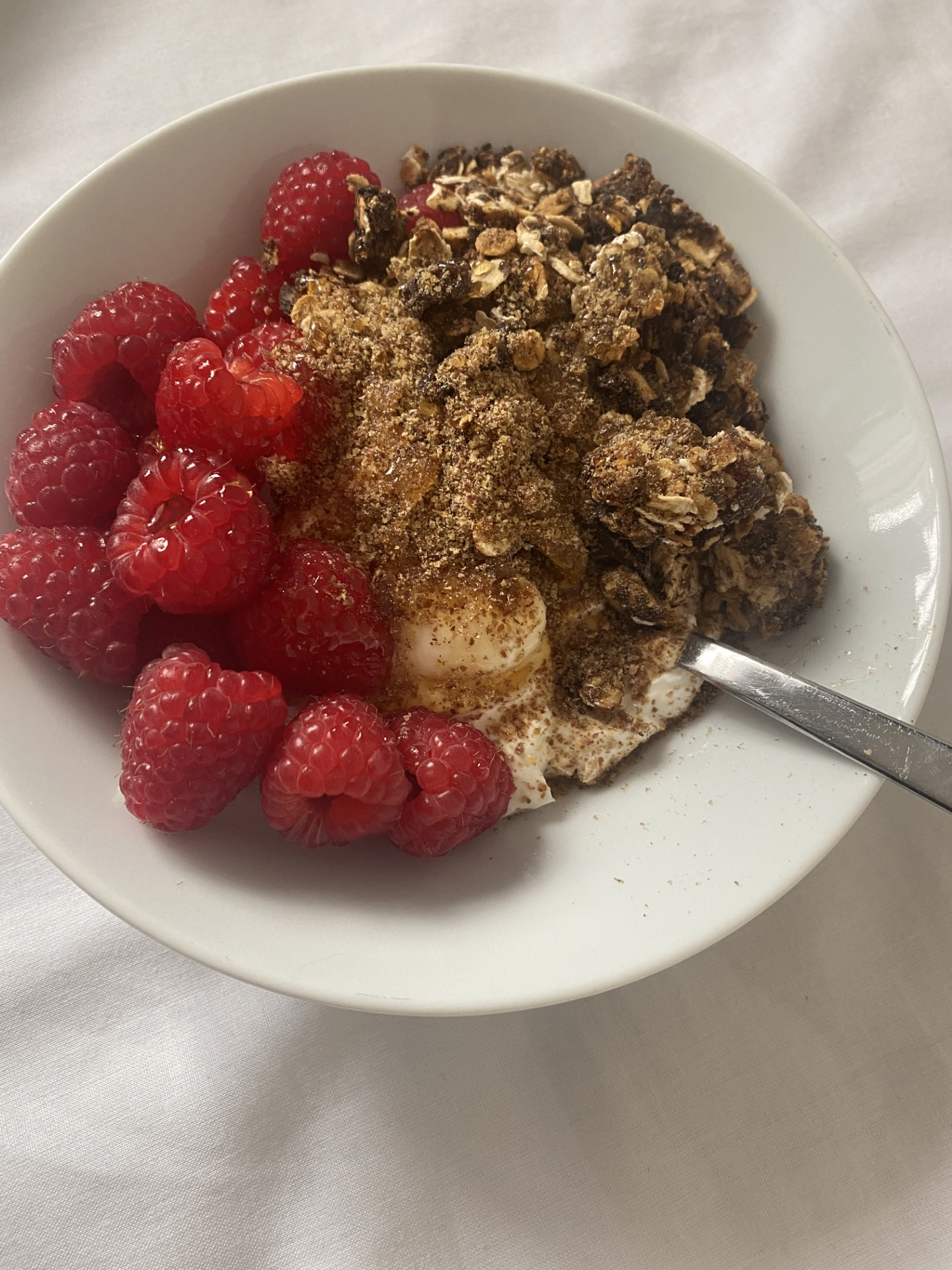Chocolate granola bowl with raspberries and yogurt