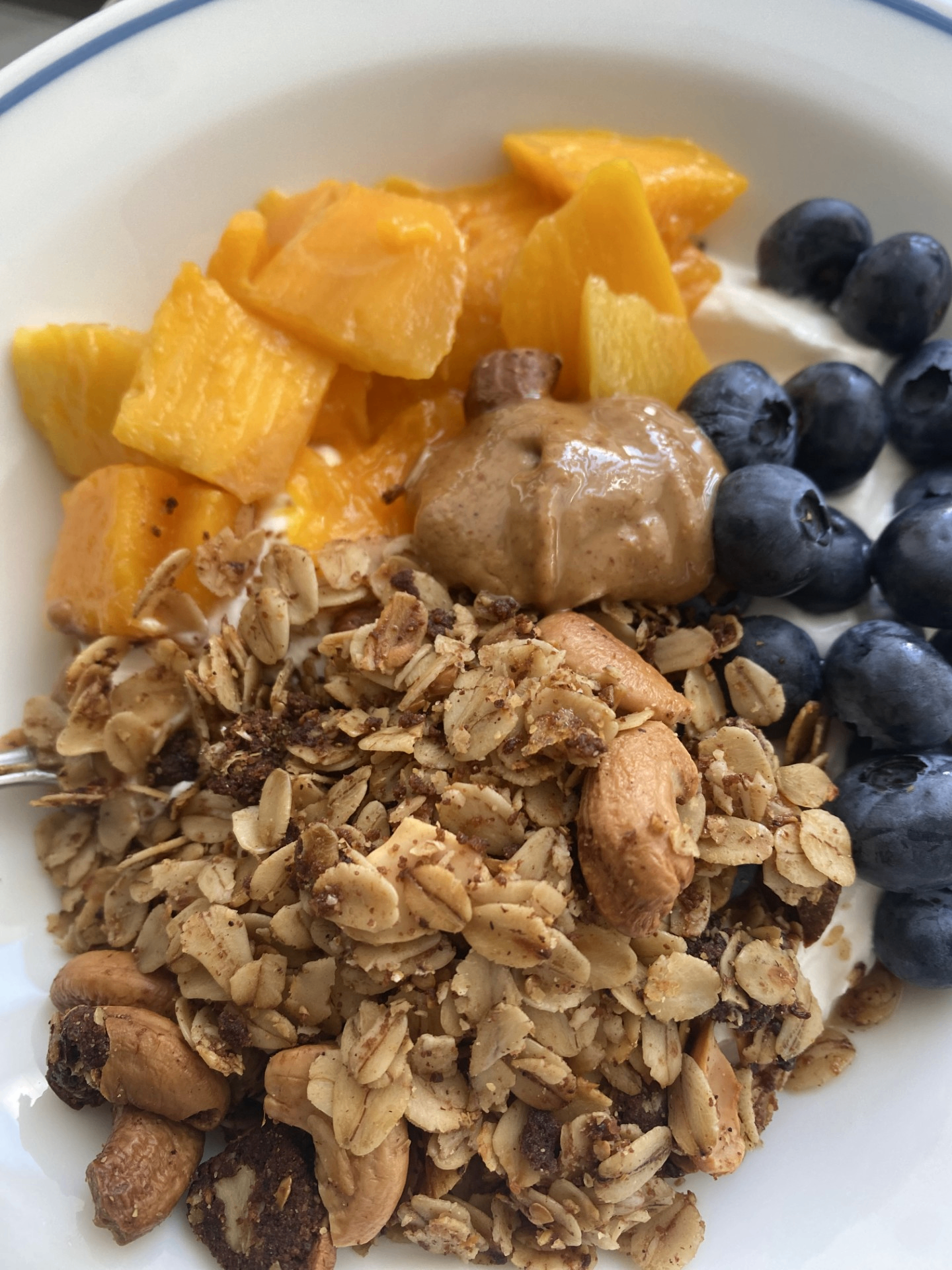 Granola bowl with mango and blueberries