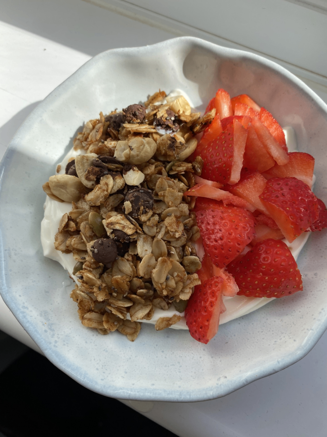 Chocolate chip granola bowl with strawberries