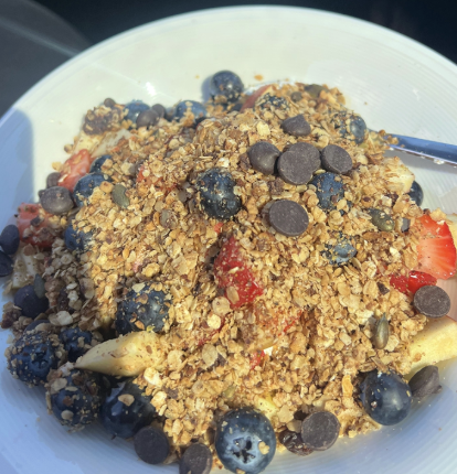 Granola piled high with dark chocolate chips, blueberries and strawberries